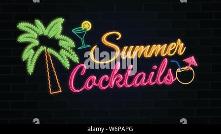 Sommer Cocktails glühende Leuchtreklame auf der Mauer Hintergrund, Vector Illustration Stock Vektor
