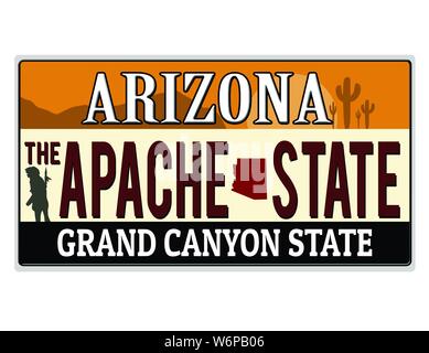 Eine Imitation Arizona Nummernschild mit Text der Apache auf es ein großartiges Konzept geschrieben. Worte auf der Unterseite Grand Canyon State Stock Vektor