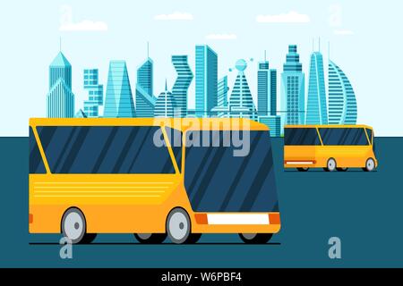 Autonomen unbemannten fahrerlosen Transport gelben Bus Fahrzeug auf zukünftige Stadt Straße. Smart Stadtbild städtische Eco transport Vector Illustration Stock Vektor