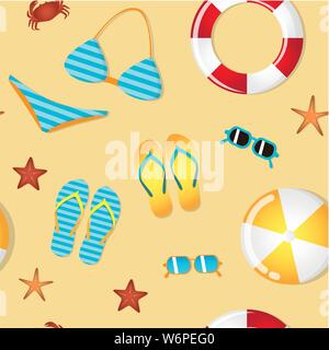 Nahtlose Muster Sommerurlaub Strand Utensilien mit Flip-flops Sonnenbrille bikini Krabben und Seesterne Vektor-illustration EPS 10. Stock Vektor