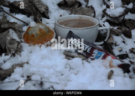 Tasse Nescafe im Winter kühlen mit Schnee Tasse Kaffee und Kuchen Pause Zeit in kaltem Wetter Kaffee trinken Blätter um Snowy White Snow Nescafe Stockfoto