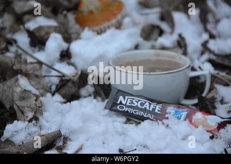 Tasse Nescafe im Winter kühlen mit Schnee Tasse Kaffee und Kuchen Pause Zeit in kaltem Wetter Kaffee trinken Blätter um Snowy White Snow Nescafe Stockfoto