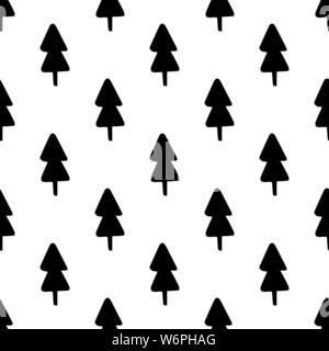 Hand zeichnen Weihnachtsbaum nahtlose Muster Farben Schwarz und Weiß. Monochromen Vector schlichten skandinavischen Hintergrund. Tinte Doodle Textur für das Neue Jahr 2020. Für Postkarten, Verpackung, Druck auf Gewebe Stock Vektor