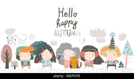 Süße Kinder treffen Herbst warme Kleidung tragen Stock Vektor