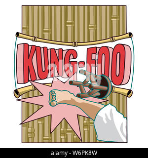 Kung foo mashal Kunst Schussbein in fornt eines Bambus Kulisse mit einem Schild, auf dem Kung foo Stockfoto