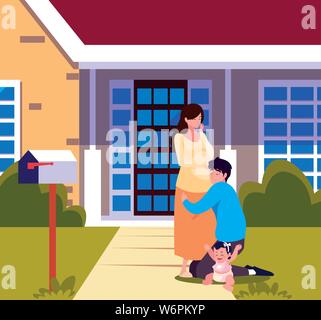 Mann umarmt eine Frau mit Baby im vorderen Haus Vector Illustration Stock Vektor