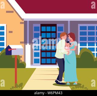 Mann umarmt eine Frau mit Baby im vorderen Haus Vector Illustration Stock Vektor