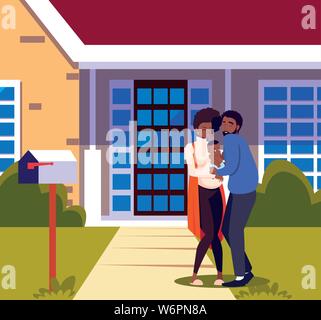 Mann umarmt eine Frau mit Baby im vorderen Haus Vector Illustration Stock Vektor