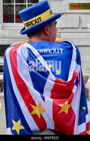 Steve Bray. Bleiben Aktivist. SODEM pro EU-Demonstranten gezeigt zugunsten des Vereinigten Königreichs, die in der Europäischen Union. Das Cabinet Office, Whitehall, London. Großbritannien Stockfoto