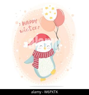 Happy winter glücklich rosa Pinguin mit rotem Schal und Red Hat holding Pink Star ballons Stock Vektor