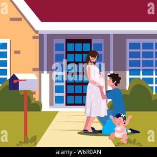 Mann umarmt eine Frau mit Baby im vorderen Haus Vector Illustration Stock Vektor