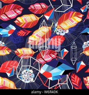 Herbst helle nahtlose Muster der Blätter und geometrische Objekte auf einem dunklen Hintergrund. Tapete und Stoff design Vorlage. Stock Vektor