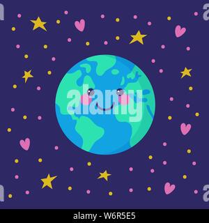 Glücklich lächelnde Erde, schwebend im Raum zwischen den Sternen und Herzen. Speichern Sie die Planeten, Umweltschutz Konzept. Vector Illustration. Stock Vektor