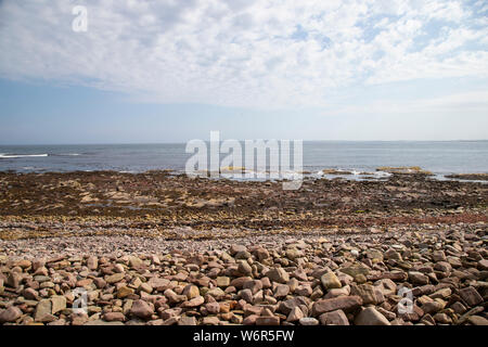 Mit Blick auf die Nordsee von keiss Hafen und Strand an der Nordwestküste von Caithness in Schottland Stockfoto