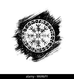 Schwarz grunge Kreis mit einem weißen Skandinavischen viking Symbol Stock Vektor