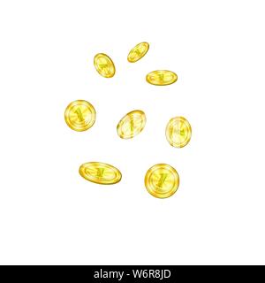 Realistische Gold Münzen fallen von Oben. Gelbe Metall Geld isoliert auf weißem Hintergrund Stock Vektor