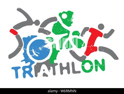 Triathlon Racers und melden Triathlon. Drei grunge ausdrucksvoll stilisierten Triathlon triathlon Sportler mit Beschriftung auf weißem Hintergrund. Vektor avai Stock Vektor