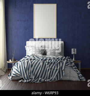 Vertikale Titelbild mockup über dem Bett auf der blauen Wand im Schlafzimmer. Weichen Morgenlicht durch den Vorhang. 3D-Darstellung Stockfoto
