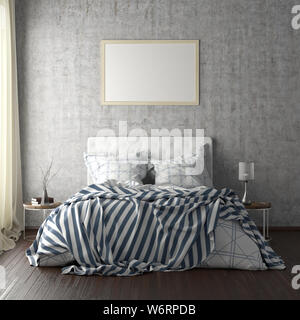 Horizontale Titelbild mockup über dem Bett auf Beton Wand im Schlafzimmer. Weichen Morgenlicht durch den Vorhang. 3D-Darstellung Stockfoto