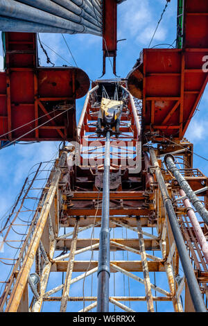 Bohrinsel Derrick im Ölfeld gegen den strahlend blauen Himmel. Bohranlage in Öl Feld für Bohrungen in den Untergrund, um Erdöl produziert. Petroleum I Stockfoto