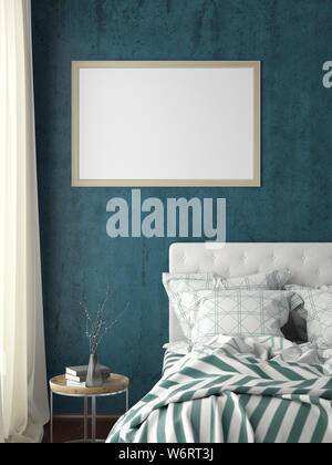 Horizontale Titelbild mock up auf der cyanfarbenen Wand im Schlafzimmer. 3D-Darstellung Stockfoto