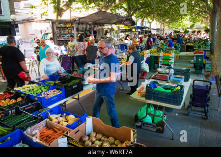 Obst und Gemüse Stände in der pulsierenden wöchentlich Freitag Markt in Oliva in Spanien Stockfoto