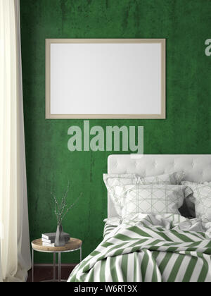 Horizontale Titelbild mock up auf grüne Wand im Schlafzimmer. 3D-Darstellung Stockfoto