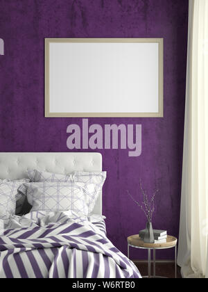 Horizontale Titelbild mock up auf Violett Wand im Schlafzimmer. 3D-Darstellung Stockfoto