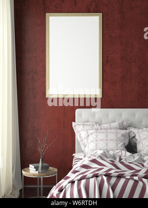 Vertikale Titelbild mock up auf rote Wand im Schlafzimmer. 3D-Darstellung Stockfoto