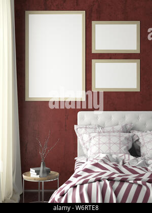 Vertikal und horizontal Poster frames Mock up auf rote Wand im Schlafzimmer. 3D-Darstellung Stockfoto
