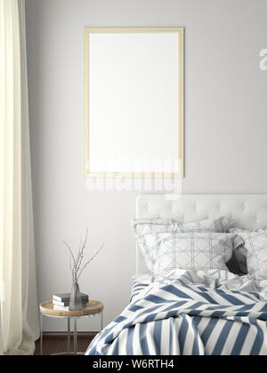 Vertikale Titelbild mock up auf weiße Wand im Schlafzimmer. 3D-Darstellung Stockfoto
