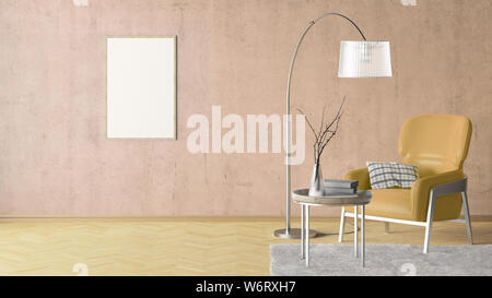 Leere vertikale Poster auf beige Betonwand im Inneren von Wohnzimmer mit beige Leder Sessel, Teppich, Stehleuchte und Couchtisch auf Hartholz f Stockfoto