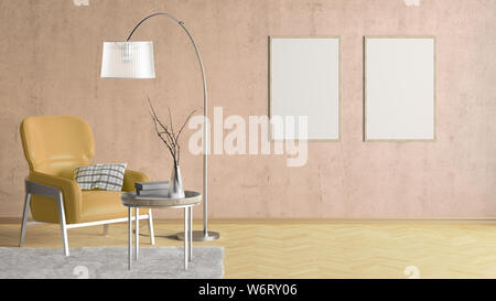 Zwei leere vertikale Poster auf beige Betonwand im Inneren von Wohnzimmer mit beige Leder Sessel, Teppich, Stehleuchte und Couchtisch auf hardw Stockfoto