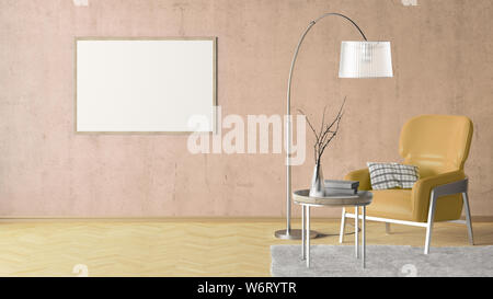 Leere horizontale Poster auf beige Betonwand im Inneren von Wohnzimmer mit beige Leder Sessel, Teppich, Stehleuchte und Couchtisch auf Hartholz Stockfoto