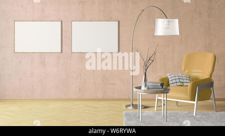 Zwei leere horizontale Poster auf beige Betonwand im Inneren von Wohnzimmer mit beige Leder Sessel, Teppich, Stehleuchte und Couchtisch auf har Stockfoto