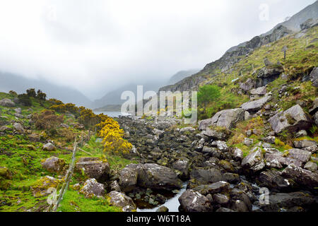 Der Fluss Loe und schmalen Pass Road Wind durch das steile Tal der Lücke von Dunloe, in der macgillycuddy Reeks Bergen, County Stockfoto