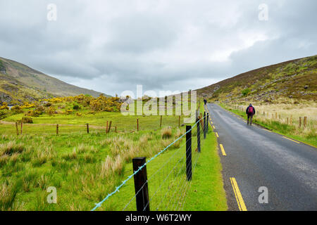 Der Fluss Loe und schmalen Pass Road Wind durch das steile Tal der Lücke von Dunloe, in der macgillycuddy Reeks Bergen, County Stockfoto