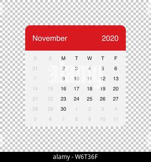 Kalender November 2020 Sauber Minimale Tabelle einfaches Design. Grundlegende Raster mit einem hellgrauen Hintergrund. Woche beginnt am Montag. Stock Vektor