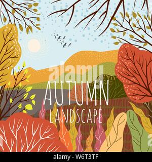 Herbst Landschaft. Nette Wohnung helle vector Abbildung: Natur Hintergrund mit Hill, Wiese, Wald und Pflanzen. Freihandzeichnen Stock Vektor