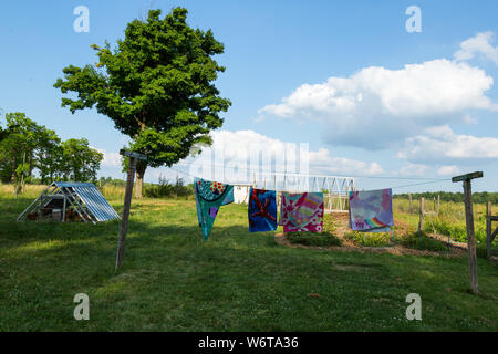 Handtücher für den Strand hängen an einer Wäscheleine im Hinterhof eines DeKalb County Bauernhaus unter einem schönen Himmel in der Nähe von Spencerville, Indiana, USA zu trocknen. Stockfoto