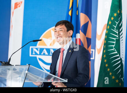 (190802) - WALVIS BAY (Namibia), August 2, 2019 (Xinhua) - Li Yi, Vice President von China Harbour Engineering Company Ltd (CHEC), spricht bei der Eröffnung des neuen Containerterminal in Walvis Bay, Namibia, Aug 2, 2019. Namibia's Quest eine internationale Drehscheibe und Gateway Advanced weitere am Freitag mit der offiziellen Einweihung des Landes 400 Millionen US-Dollar neues Containerterminal in Walvis Bay von der Grafschaft Präsident Hage Geingob. Die neuen Container Terminal in der Hafenstadt Walvis Bay liegt auf 40 Hektar Land aus dem Meer gebaut b Stockfoto