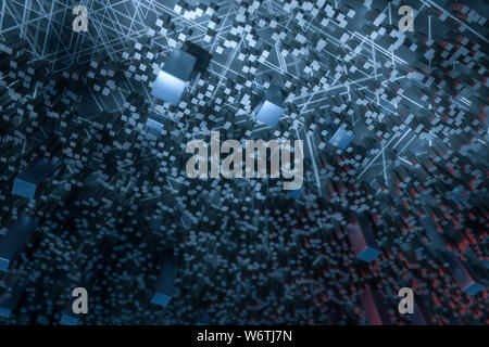 Dunkle technologischen Linien Hintergrund mit Würfel und Linien, 3D-Rendering. Computer digitale Zeichnung. Stockfoto