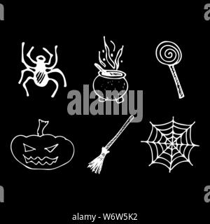 Halloween doodle auf schwarzen Hintergrund isoliert. Cartoon mit schwarz Halloween doodle Elemente. Struktursymbol Sammlung. Handskizze Magi gezeichnet Stock Vektor