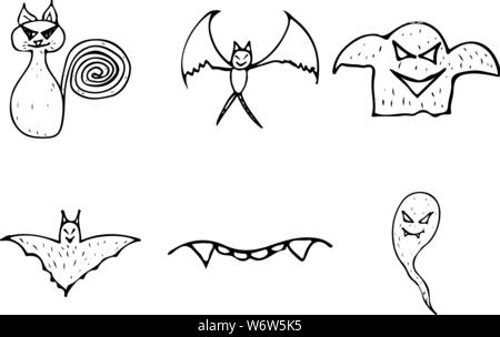 Halloween doodle auf weißem Hintergrund. Cartoon mit schwarz Halloween doodle Elemente. Struktursymbol Sammlung. Handskizze Magi gezeichnet Stock Vektor