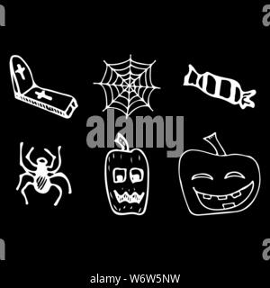 Halloween doodle auf schwarzen Hintergrund isoliert. Cartoon mit schwarz Halloween doodle Elemente. Struktursymbol Sammlung. Handskizze Magi gezeichnet Stock Vektor
