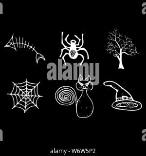 Halloween doodle auf schwarzen Hintergrund isoliert. Cartoon mit schwarz Halloween doodle Elemente. Struktursymbol Sammlung. Handskizze Magi gezeichnet Stock Vektor