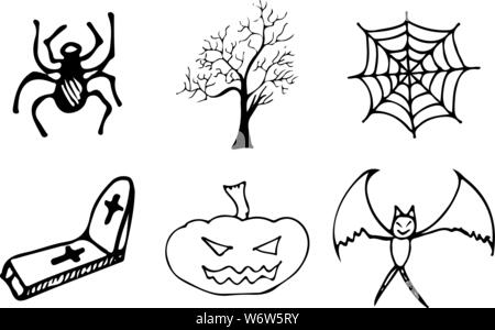 Halloween doodle auf weißem Hintergrund. Cartoon mit schwarz Halloween doodle Elemente. Struktursymbol Sammlung. Handskizze Magi gezeichnet Stock Vektor