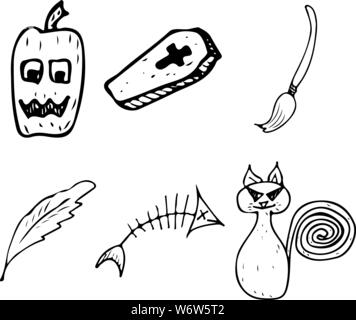 Halloween doodle auf weißem Hintergrund. Cartoon mit schwarz Halloween doodle Elemente. Struktursymbol Sammlung. Handskizze Magi gezeichnet Stock Vektor