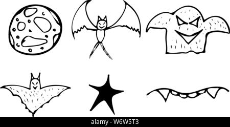 Halloween doodle auf weißem Hintergrund. Cartoon mit schwarz Halloween doodle Elemente. Struktursymbol Sammlung. Handskizze Magi gezeichnet Stock Vektor