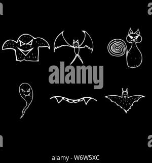 Halloween doodle auf schwarzen Hintergrund isoliert. Cartoon mit schwarz Halloween doodle Elemente. Struktursymbol Sammlung. Handskizze Magi gezeichnet Stock Vektor